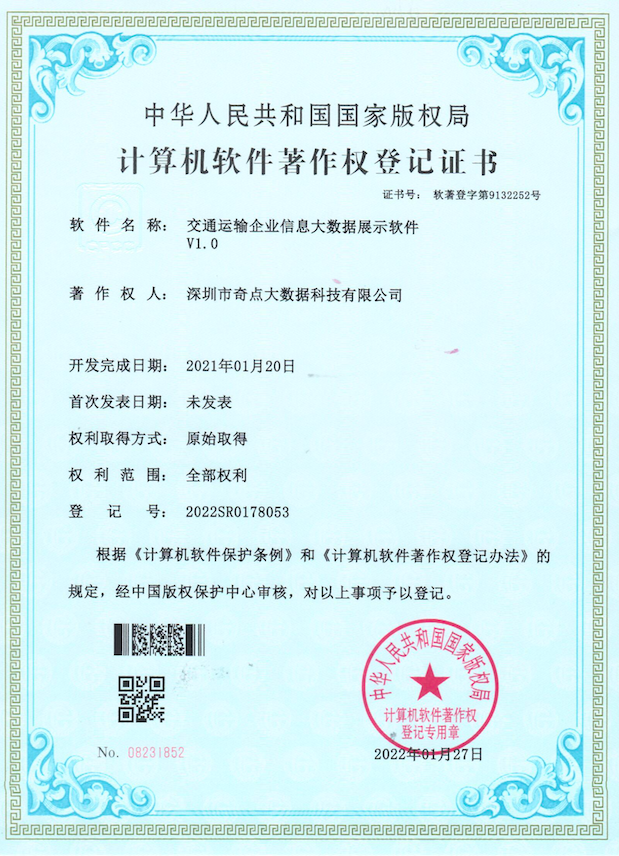 交通运输企业信息大数据展示软件V1.0专利证书